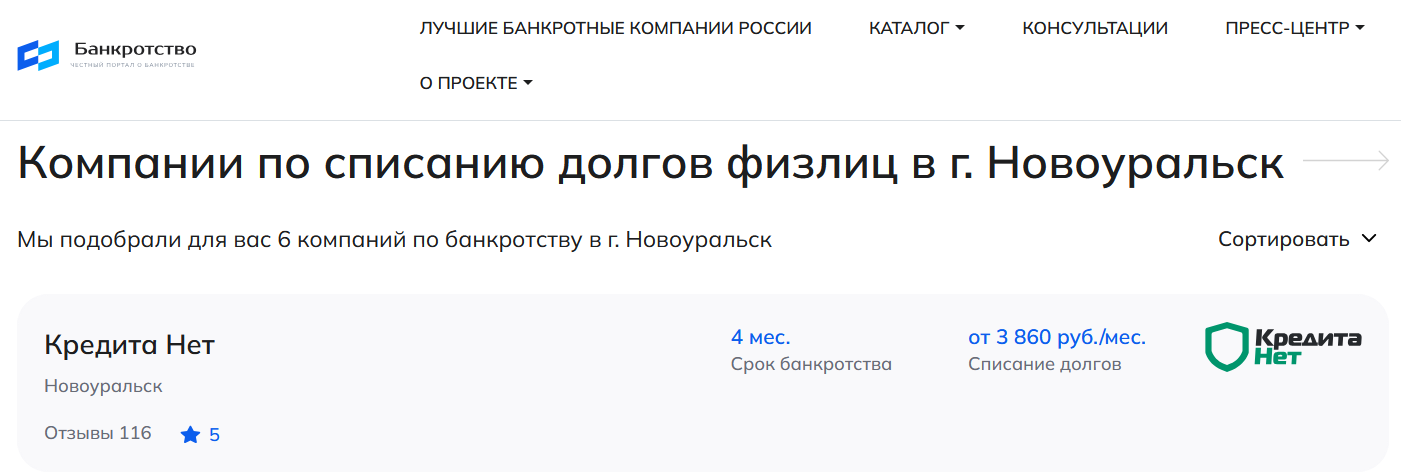 КредитаНет – первые в рейтинге компаний по банкротству в Новоуральске на сайте Банкротство Инфо